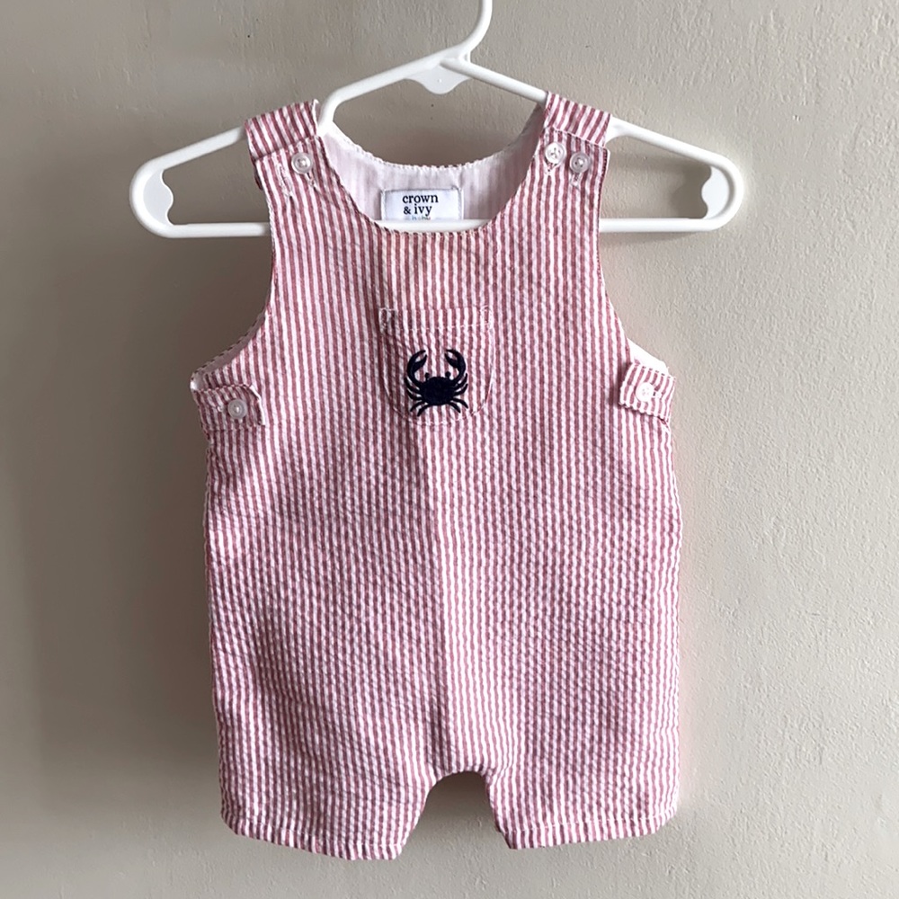 Crown & Ivy red seersucker shortall romper